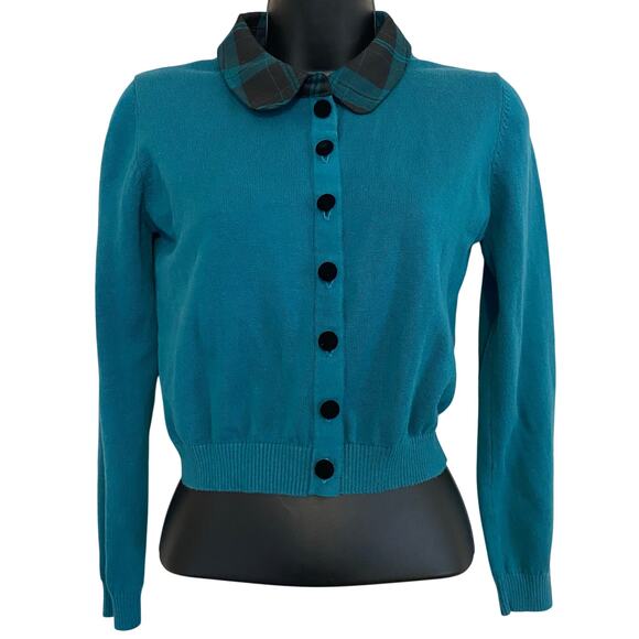 Collectif Sweaters - Collectif Cardigan Womens Sz Large UK 14 Retro Peter Pan Collar Plaid Academia